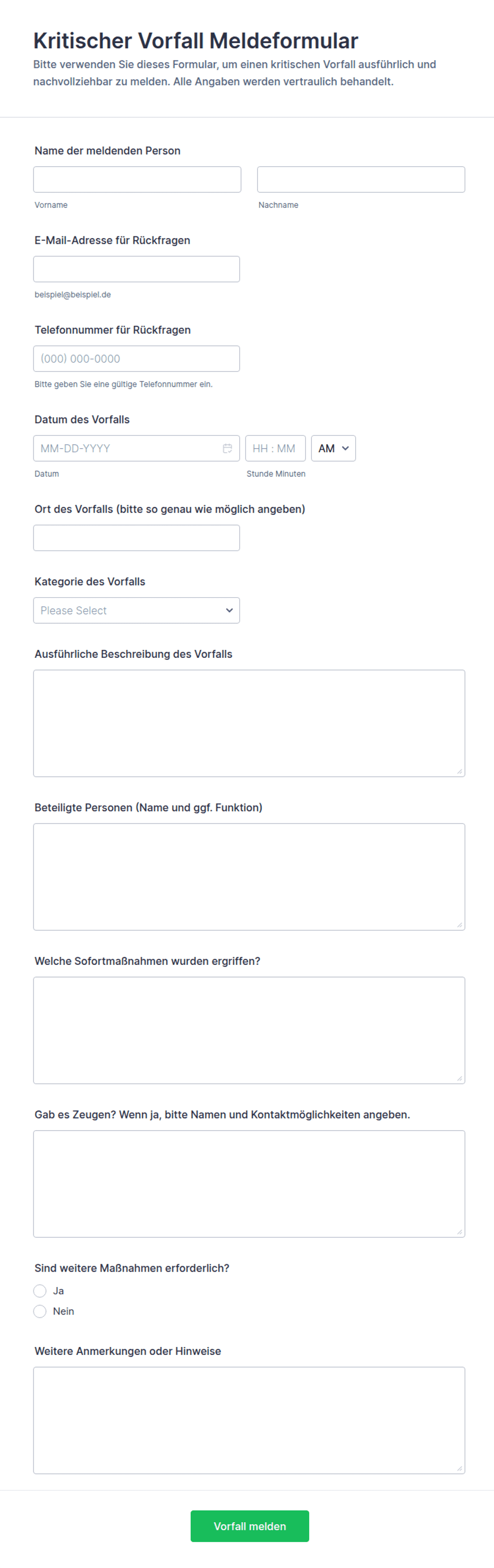 Kritischer Vorfall Meldeformular | Jotform