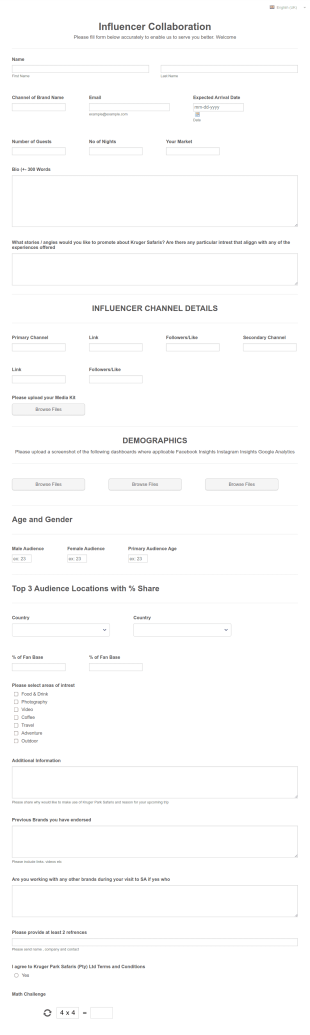 Kruger Park Safari Influencer Collaboration Form Template