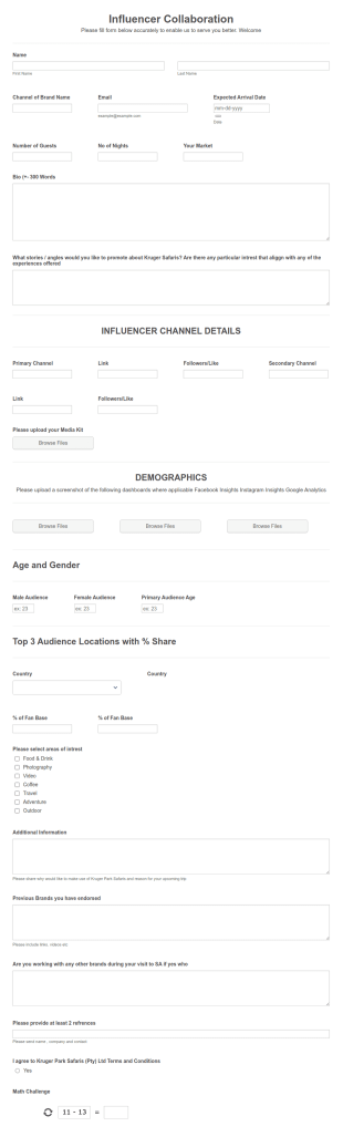 Kruger Park Safari Influencer Collaboration Form Template