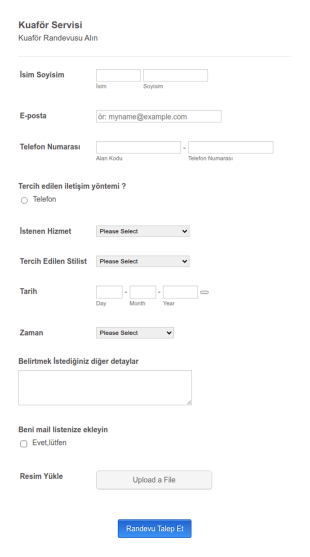 Kuaför Yasin Randevu İsteği Form Şablonu