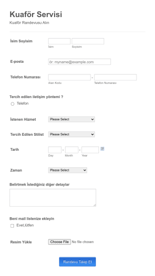 Kuaför Yasin Randevu İsteği Form Şablonu
