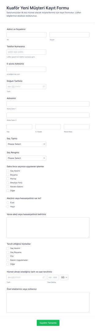 Kuaför Yeni Müşteri Kayıt Form Şablonu