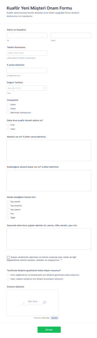 Kuaför Yeni Müşteri Onam Form Şablonu