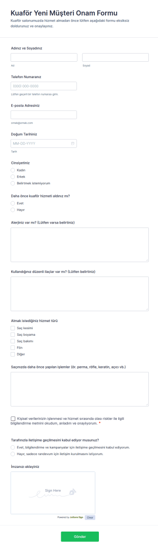 Kuaför Yeni Müşteri Onam Form Şablonu