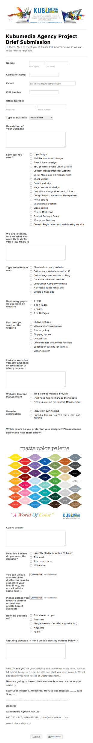 Kubumedia Graphic Web Design Project Request Form Template