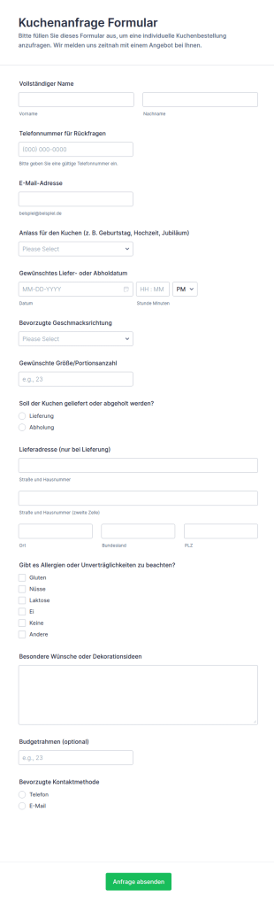 Kuchenanfrage Formular