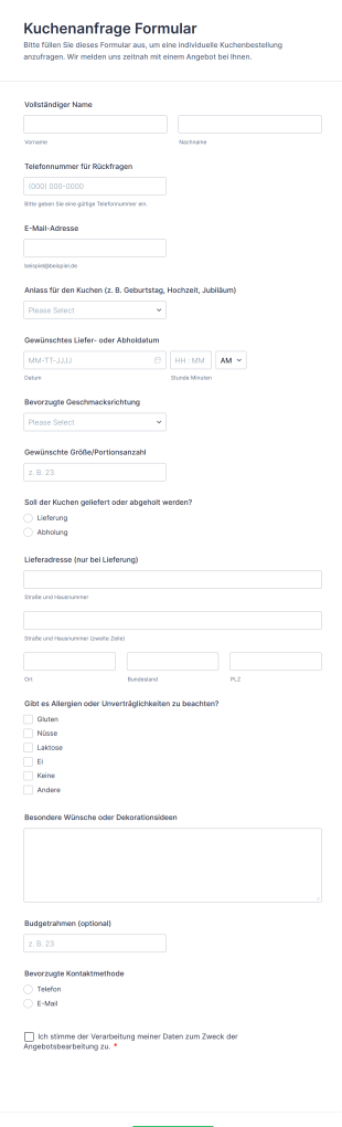 Kuchenanfrage Formular