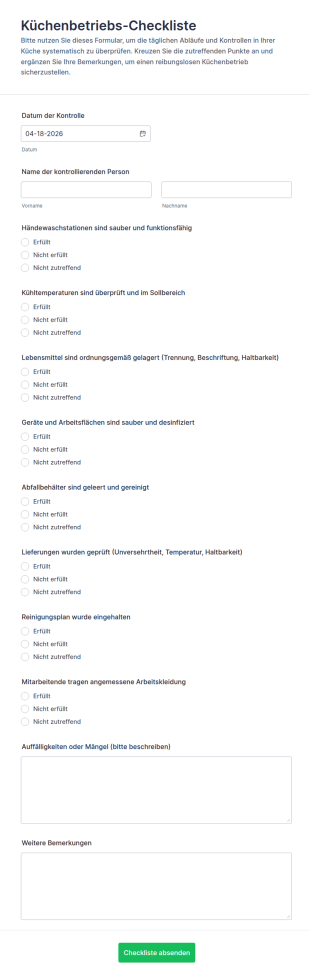 Küchenbetriebs Checkliste Formular