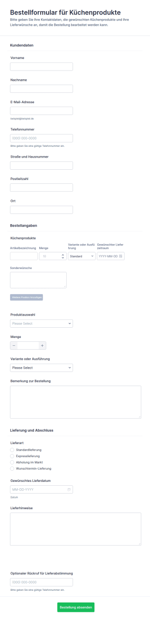 Küchenprodukte Bestellformular