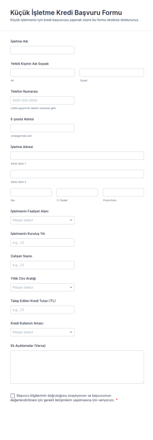 Küçük İşletme Kredi Başvuru Form Şablonu
