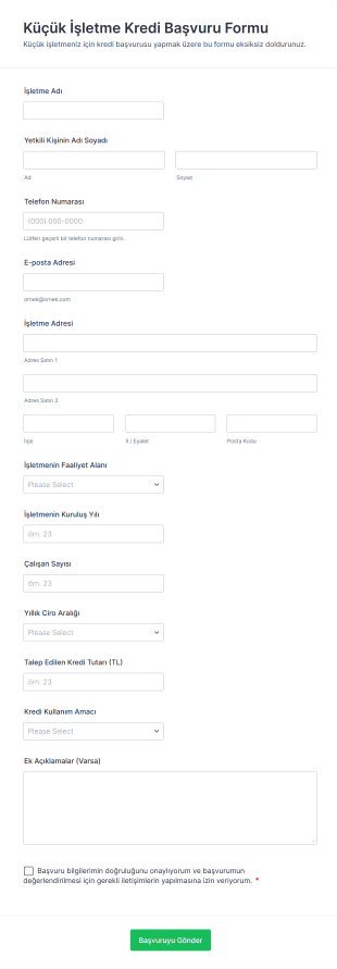 Küçük İşletme Kredi Başvuru Form Şablonu