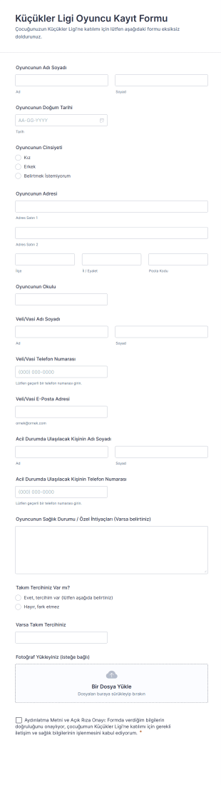 Küçükler Ligi Oyuncu Kayıt Form Şablonu