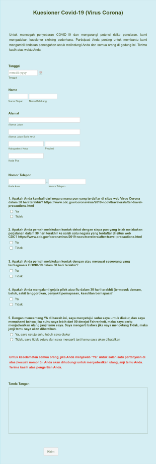 Kuesioner Covid 19 (Virus Corona) Form Template