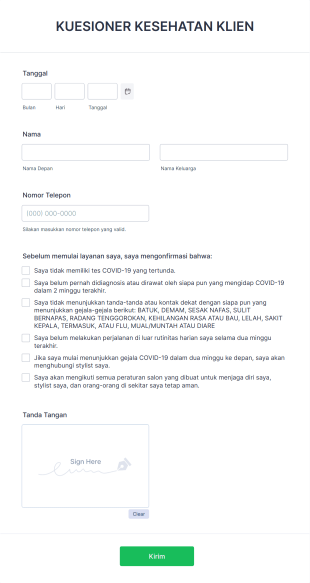Kuesioner Kesehatan Klien COVID 19 Form Template