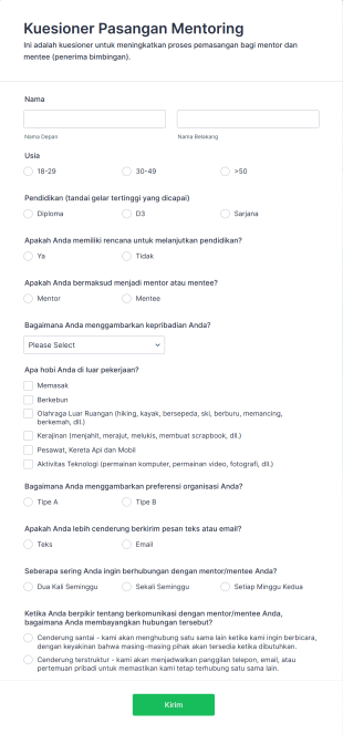 Kuesioner Pasangan Mentoring Form Template
