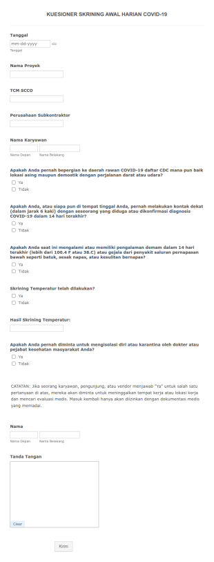 Kuesioner Skrining Awal Harian Covid 19