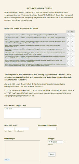 Kuesioner Skrining COVID 19 Untuk Pasien Gigi
