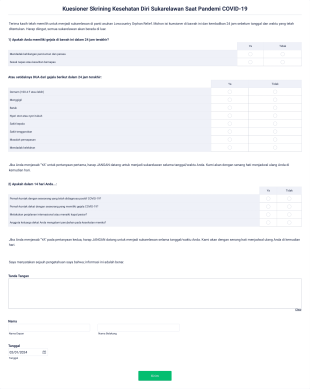 Kuesioner Skrining Kesehatan Diri Sukarelawan Saat Pandemi COVID 19 Form Template