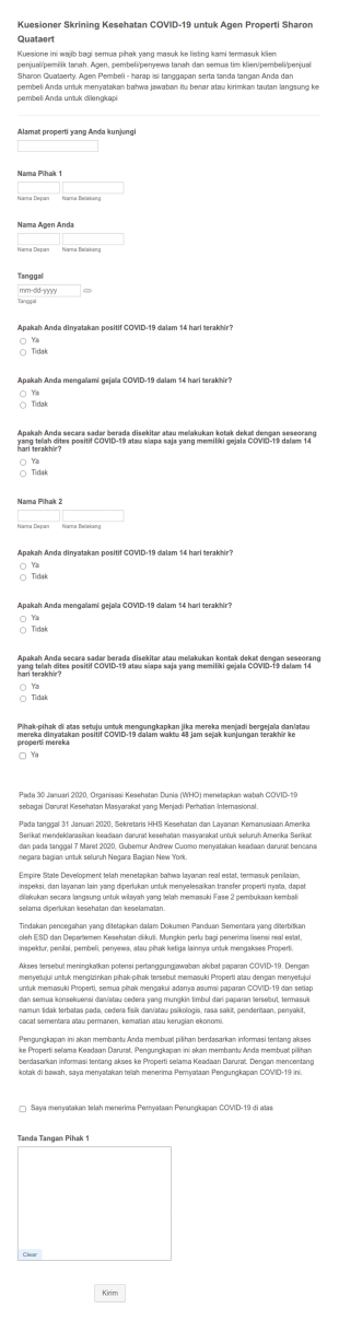 Kuesioner Skrining Kesehatan Untuk Covid 19