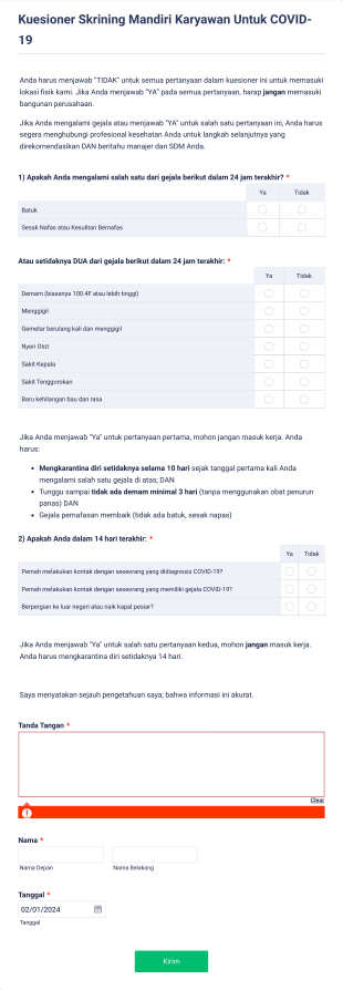 Kuesioner Skrining Mandiri Karyawan Untuk COVID 19