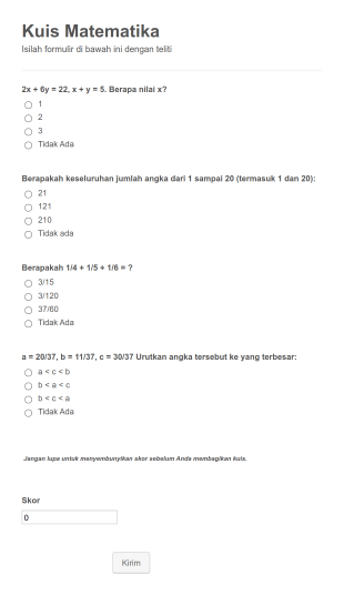 Kuis Matematika Mini Form Template