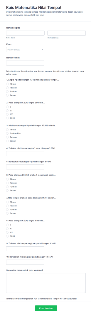 Kuis Nilai Tempat Matematika