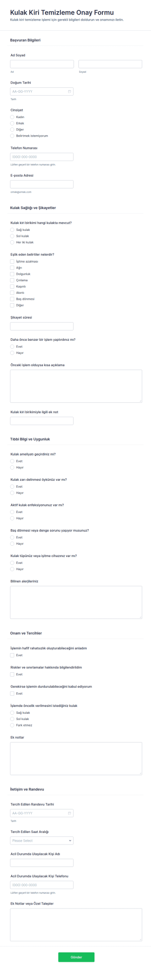 Kulak Kirini Temizleme Onay Formu 🎧✨ Form Şablonu