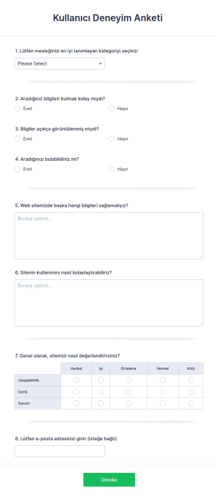 Kullanıcı Deneyim Anketi Form Şablonu