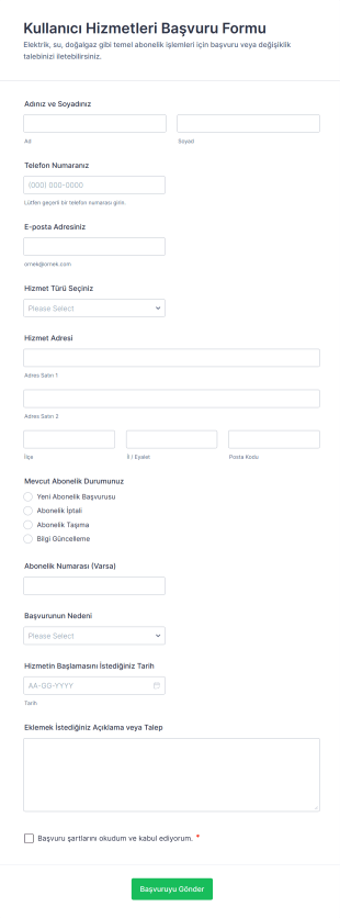 Kullanıcı Hizmetleri Başvuru Form Şablonu