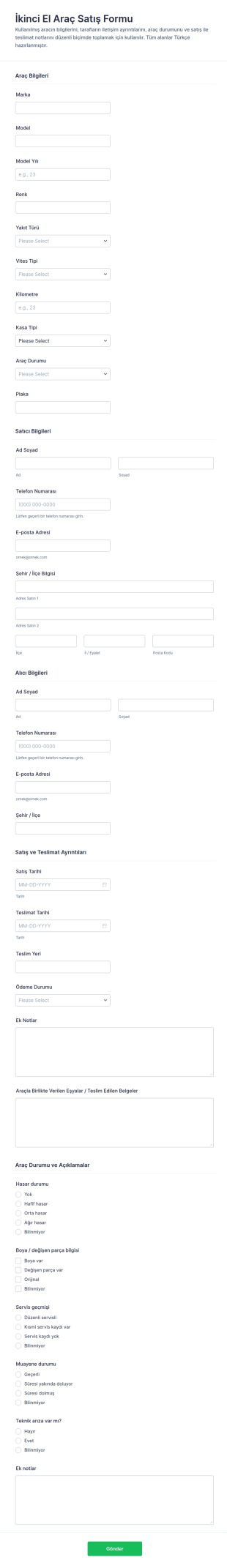 Kullanılmış Otomobil Satış Form Şablonu