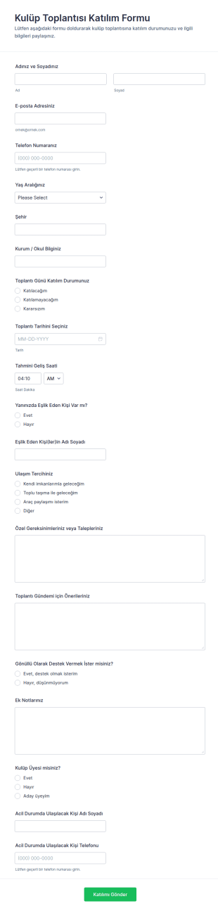 Kulüp Toplantı Katılım Form Şablonu