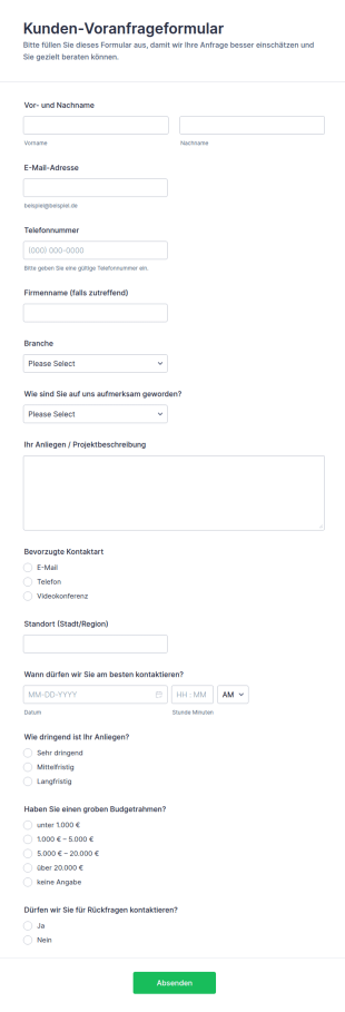 Kunden Vor Antragsformular
