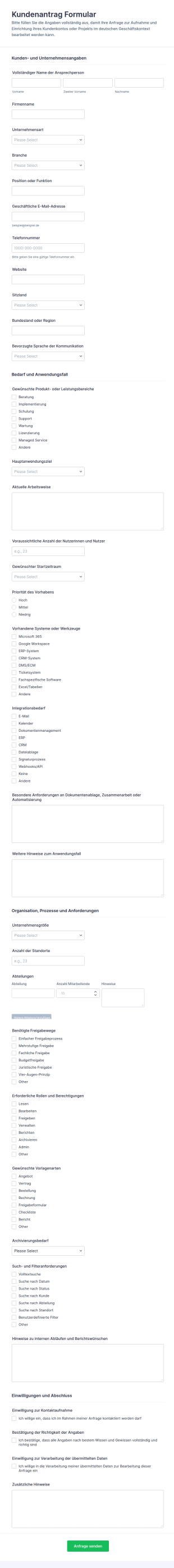 Kundenanfrage Formular