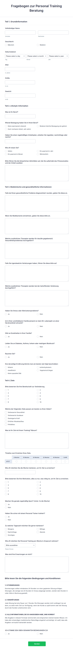 Kundenaufnahmeformular Für Personal Training
