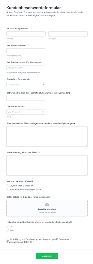 Kundenbeschwerdeformular