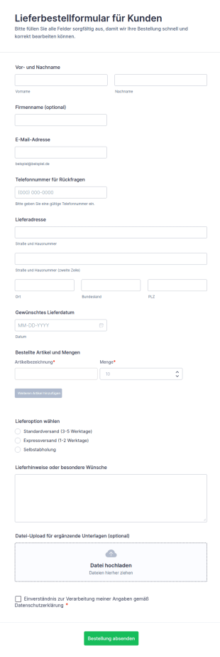 Kundenbestellformular Für Lieferungen