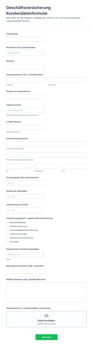 Kundendaten Für Geschäftskunden Versicherung Form