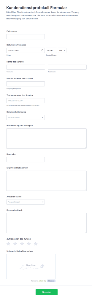 Kundendienstprotokoll Formular