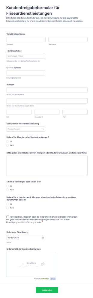 Kundenfreigabeformular Für Friseurdienstleistungen