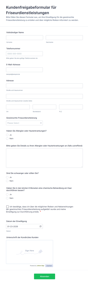 Kundenfreigabeformular Für Friseurdienstleistungen