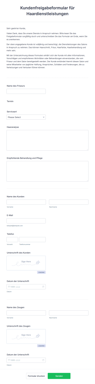 Kundenfreigabeformular Für Haardienstleistungen Form Template