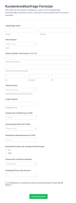 Kundenkreditanfrage Formular