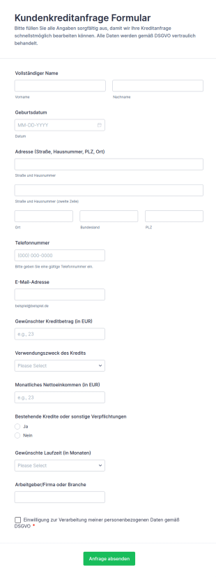 Kundenkreditanfrage Formular