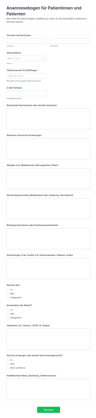 Kundenmedizinische Vorgeschichte Fragebogen