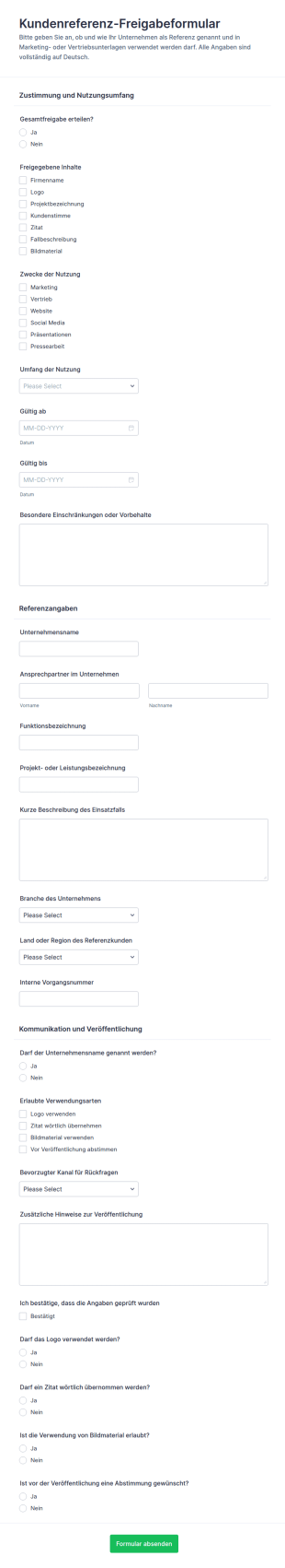 Kundenreferenz Freigabeformular
