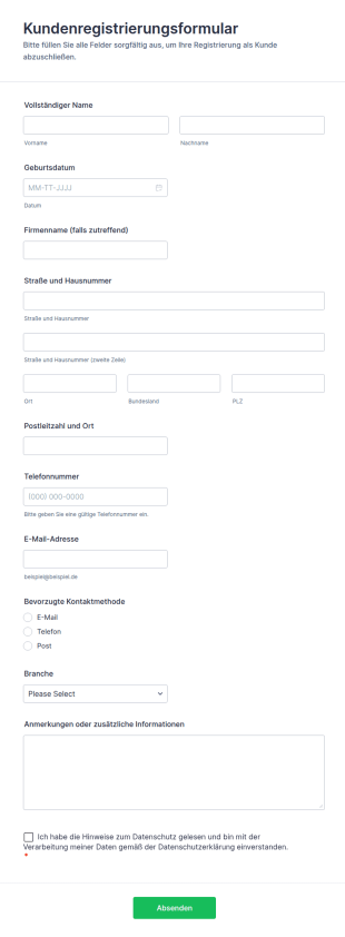 Kundenregistrierung Formular