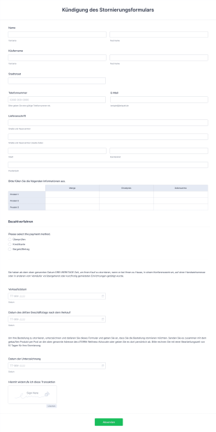 Kündigung Des Stornierungsformulars Form Template