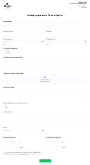 Kündigungsformular Für Arbeitgeber Form Template