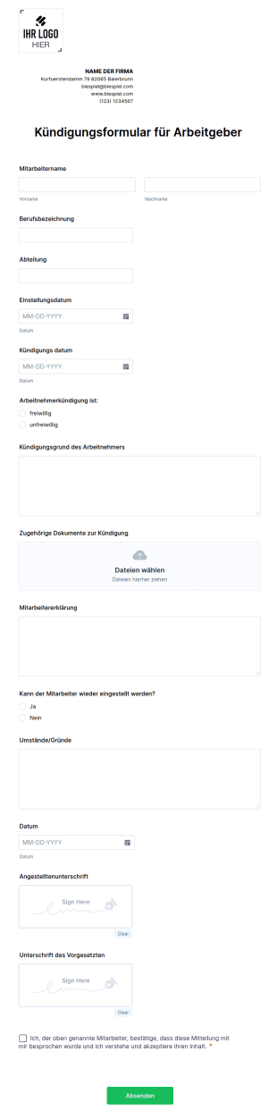 Kündigungsformular Für Arbeitgeber