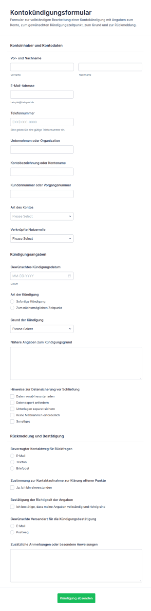 Kündigungsformular Für Das Nutzerkonto